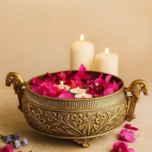 Brass Peacock Urli Floating Flower Decoration Bowl for Home Decorations 9"Across